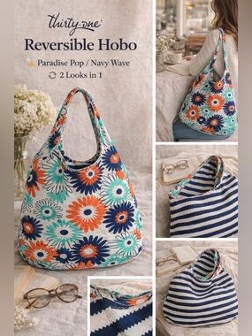 Thirty-One Reversible Hobo Bag Paradise Pop Navy Wave RETIRED VGUC